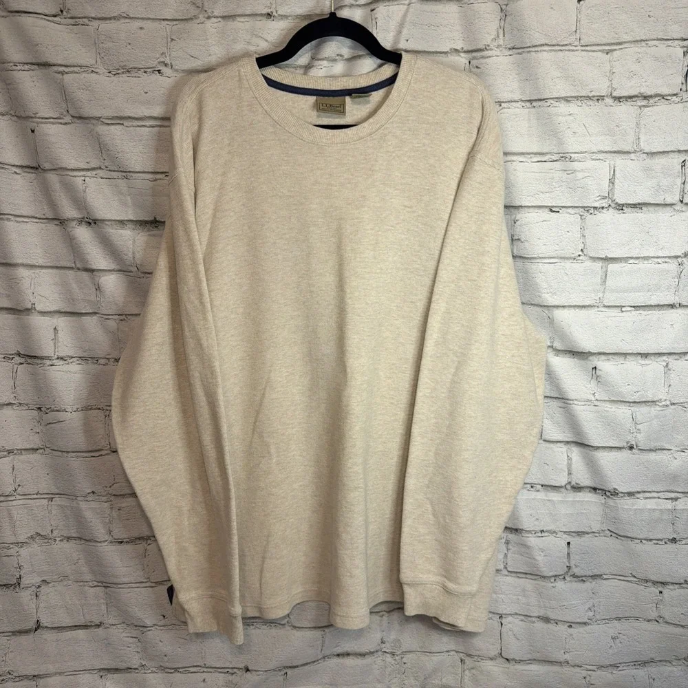 LL Bean Sweatshirt Mens XXL Beige Waffle Knit Thermal Crewneck Pullover Sweater